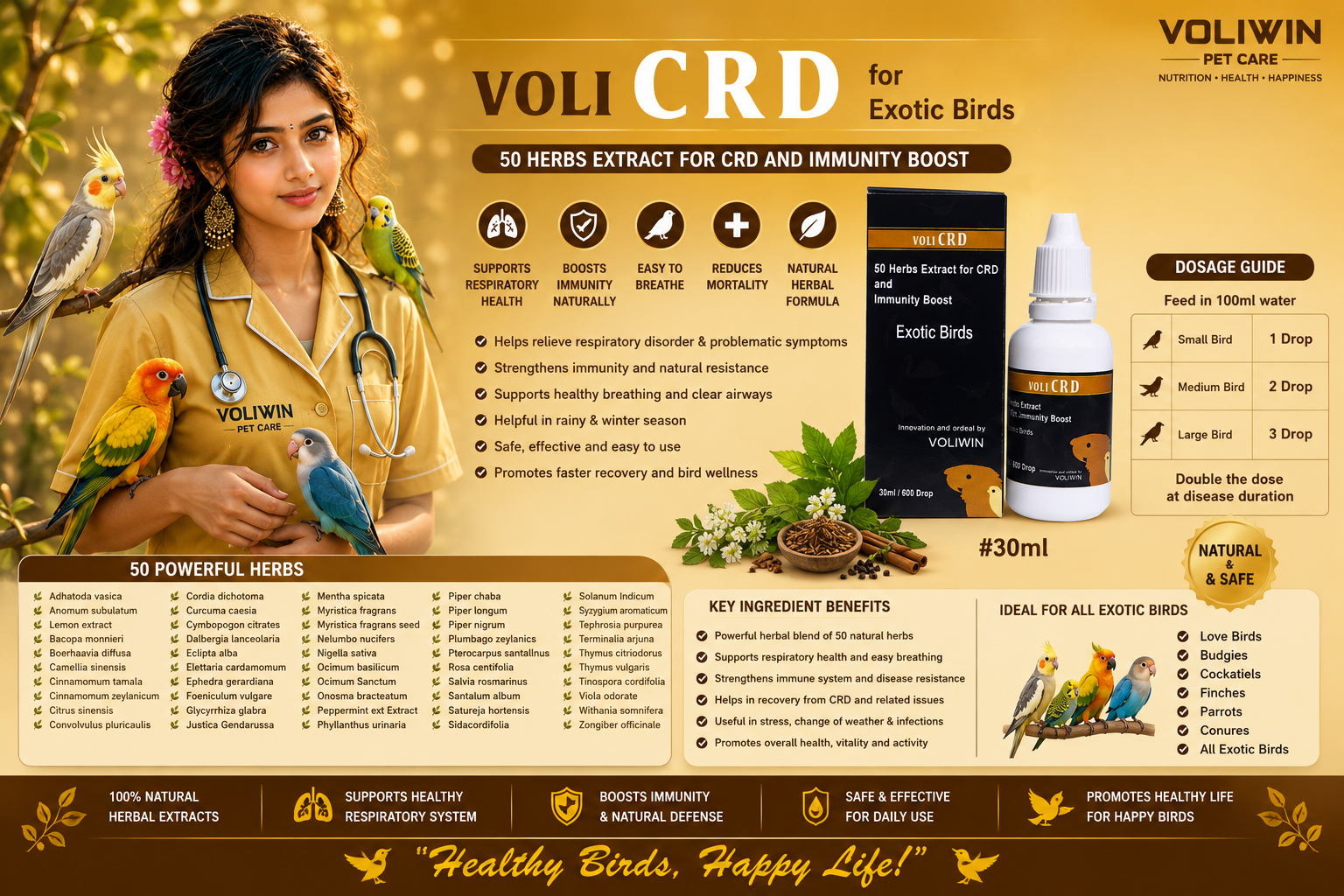 VOLI CRD – Herbal Respiratory & Immunity Support for Exotic Birds 100ml