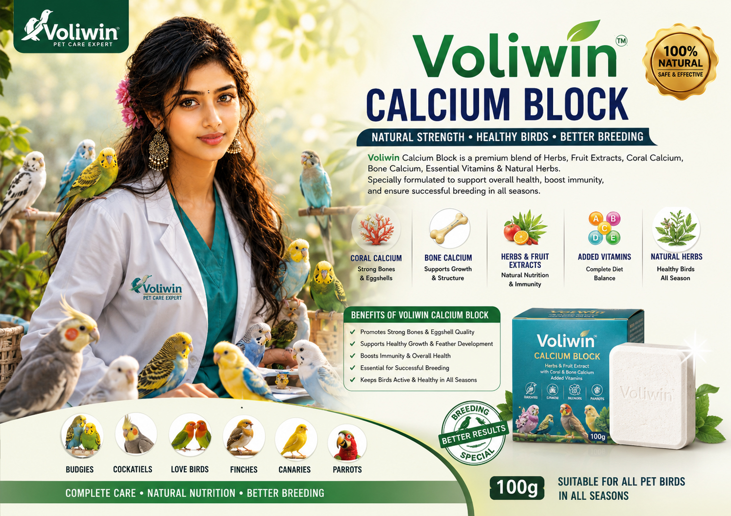 VOLIWIN CALCIUM BLOCK – Natural Strength & Better Breeding for Pet Birds 100g