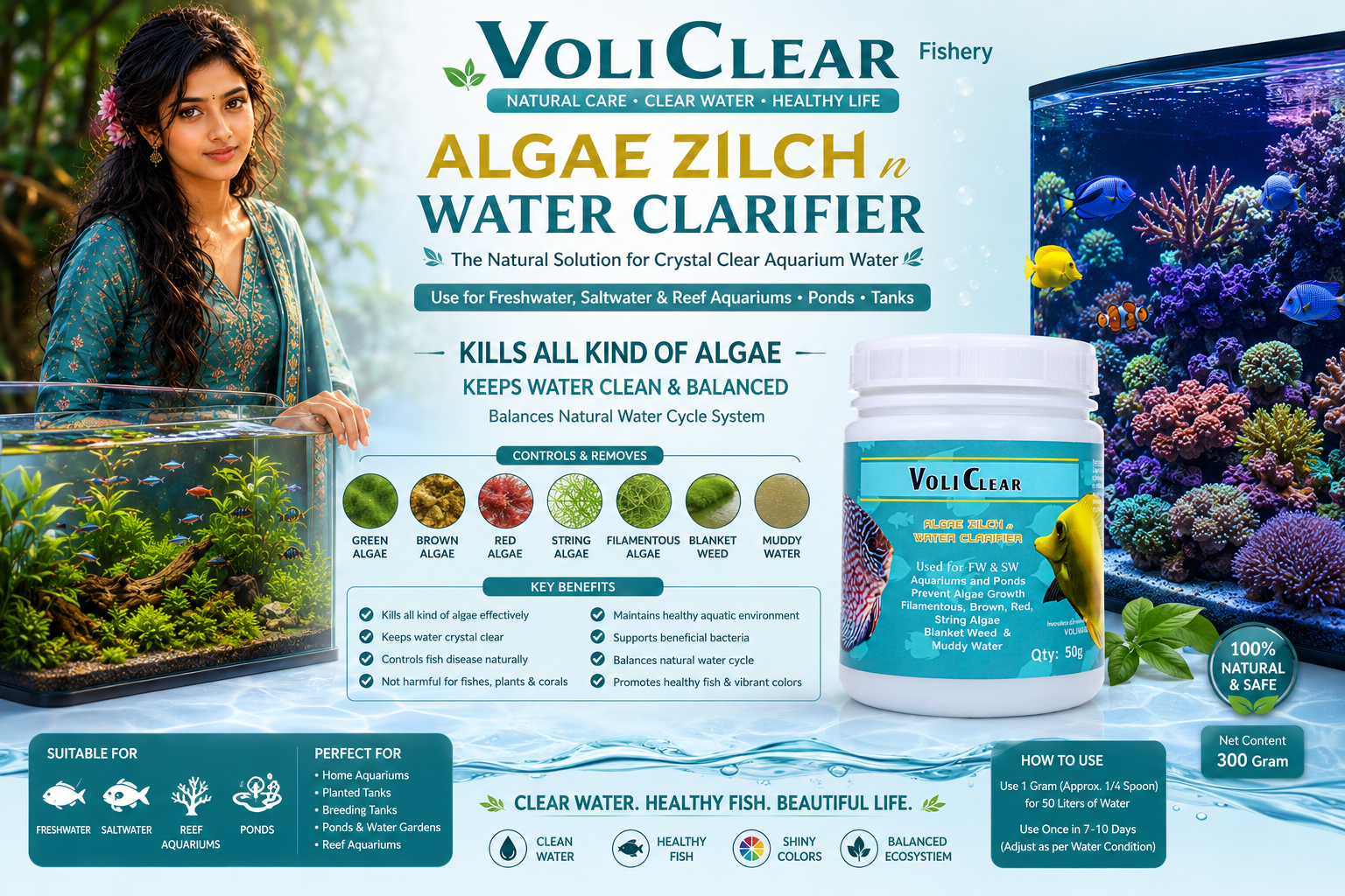 Voliwin Ornamental Fish Tank Water Care /  Algae Zilch Water Clarifier 300g
