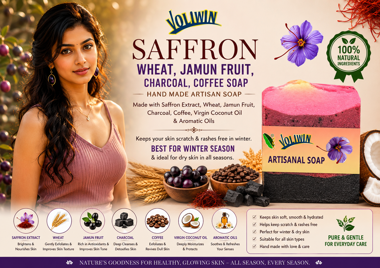 Voliwin Saffron Wheat, Jamun Fruit, Charcoal & Coffee Soap CP