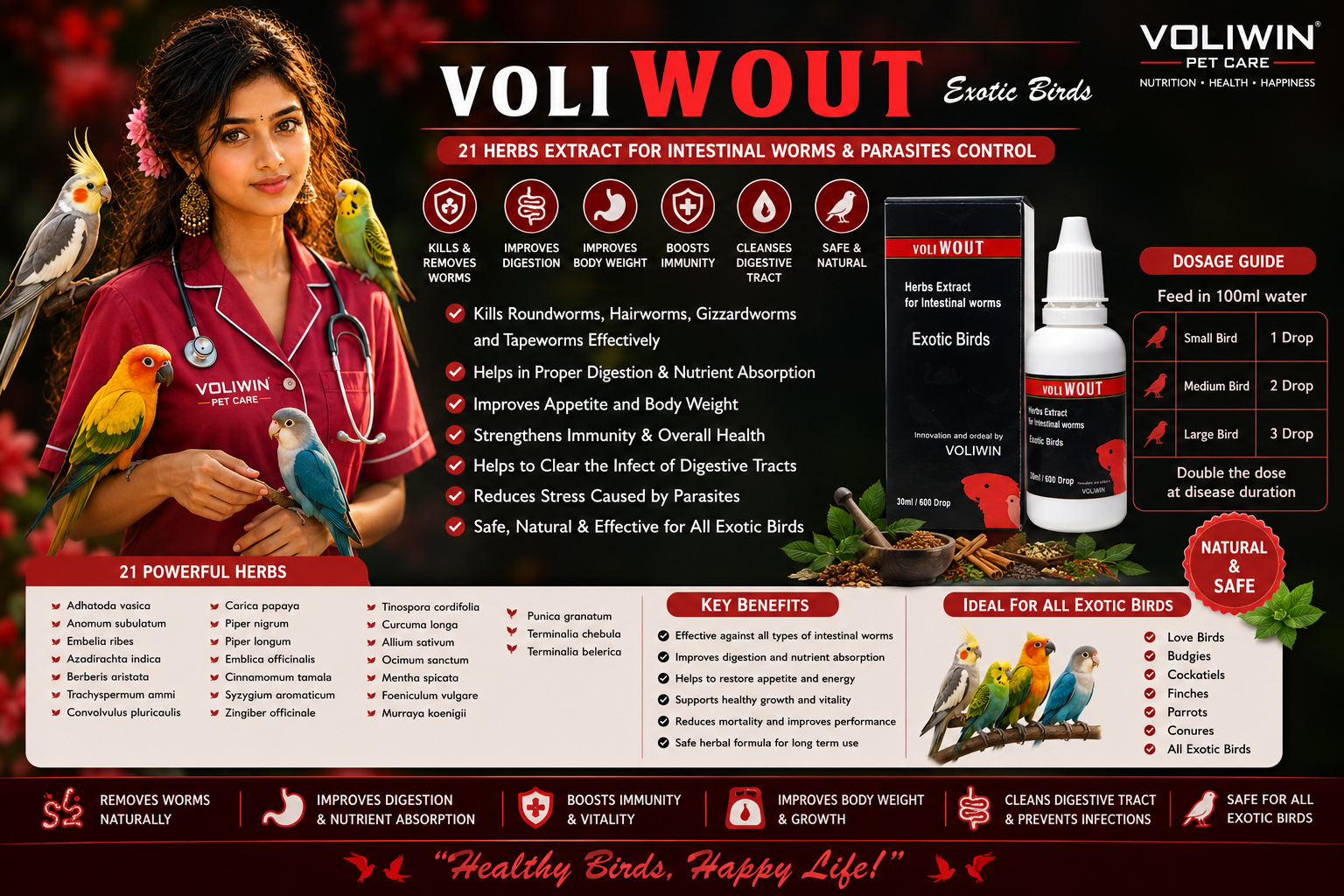VOLI WOUT – Herbal Intestinal Worm & Parasite Control for Exotic Birds 100ml
