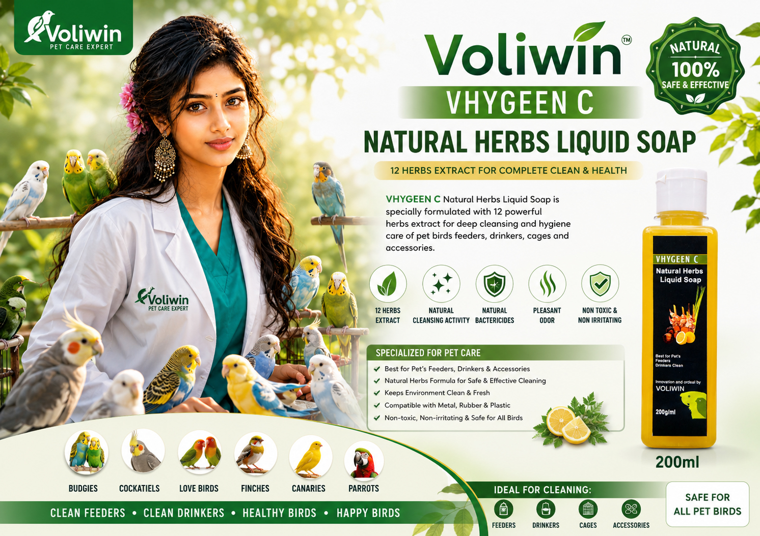 Voliwin VHYGEEN C – Natural Herbs Liquid Soap for Pet Birds 200ml