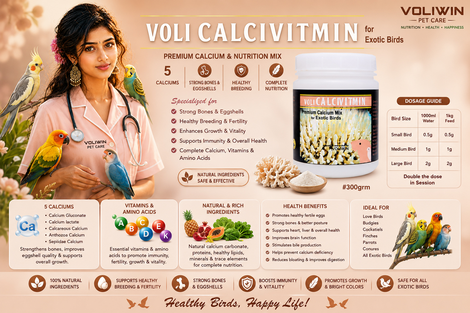 VOLI CALCIVITMIN – Premium Calcium & Nutrition Mix for Exotic Birds 300g